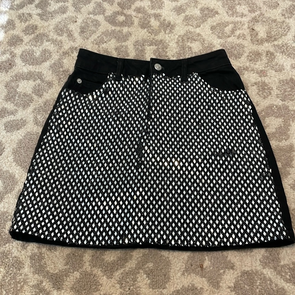 TopShop Black Denim Rhinestone Mini Skirt Size 2